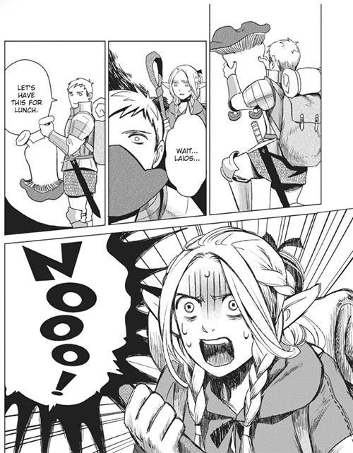 Laoios, holding a walking mushroom by its feet: “Let’s have this for lunch”Marcille: NOOOO!